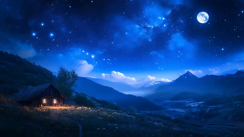 Rural cabin stands under dense starfield above mountain valley