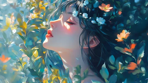 Woman with closed eyes surrounded by bright spring flowers.