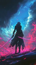 Neon samurai silhouette under split blue and pink sky.
