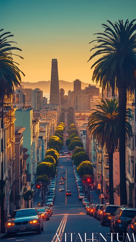 Telephoto urban axis compresses San Francisco hillscape at sunset