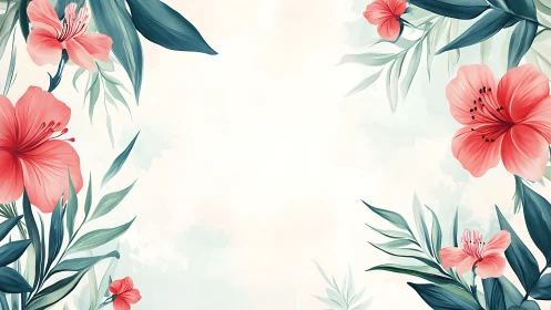 Pink hibiscus flowers with teal foliage on cream background.