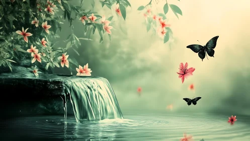 Tranquil waterfall with blooming flowers and butterflies, digital art.