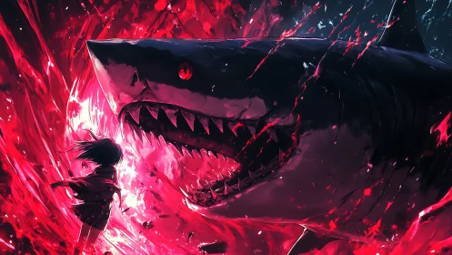 Large shark and solitary figure amid red dynamic waterfield.