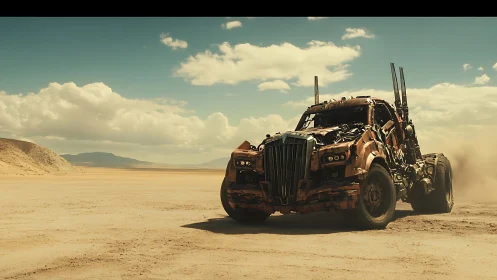 War-torn desert war rig roaring across blazing wasteland.