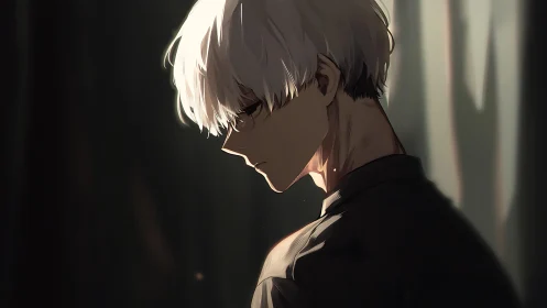 Solitary silver haired youth in contemplative side profile.