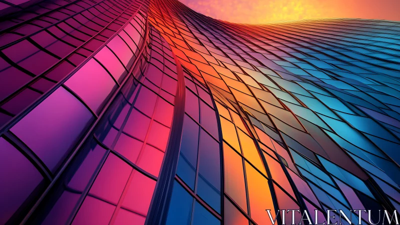 Curved glass facade reflects gradient neon sunset light.