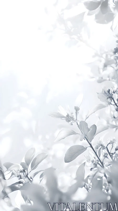 High-key monochrome close-up of foliage and blossoms.