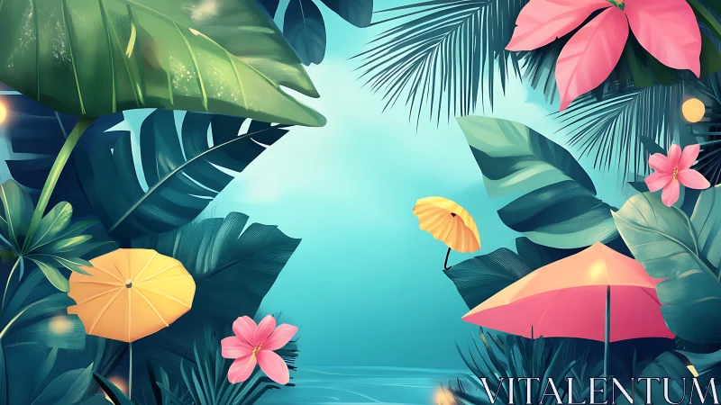Tropical beach scene with umbrellas and lush green leaves.