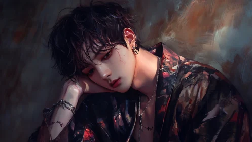 Young male figure in patterned robe against blurred backdrop.