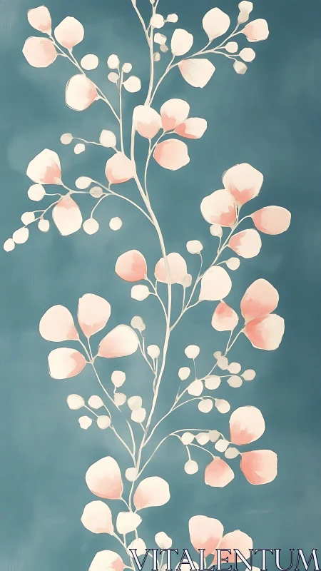 Vertical pastel floral branches contrast softly against teal