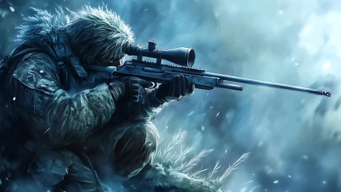 Sniper in Winter Storm with Scoped Rifle.