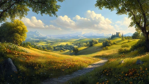 Sunlit path leads through flowered hills toward distant castle
