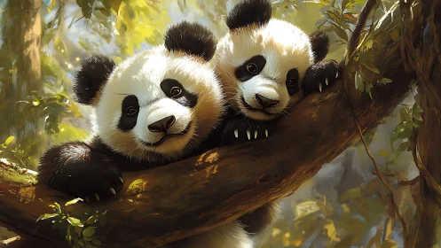 Digital illustration of two young pandas on forest branch.