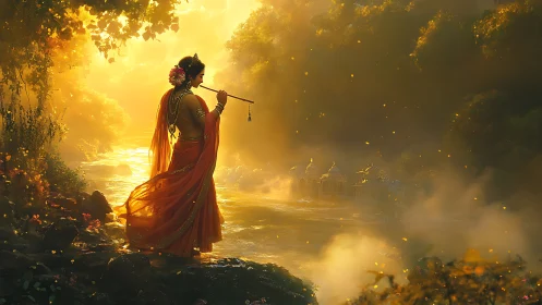 Figure with flute by river in dense golden mist at dawn.