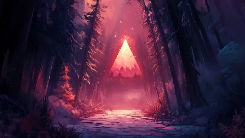 Forest corridor with radiant light source and atmospheric composition