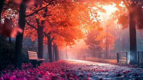 Empty park path under vivid red autumn tree canopy.