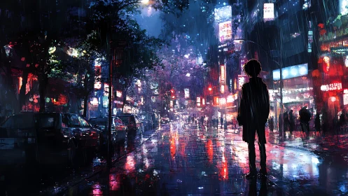 Silhouetted figure in neon city street during heavy rain.