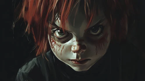 Intense low-key portrait of scarred red-haired child glare.