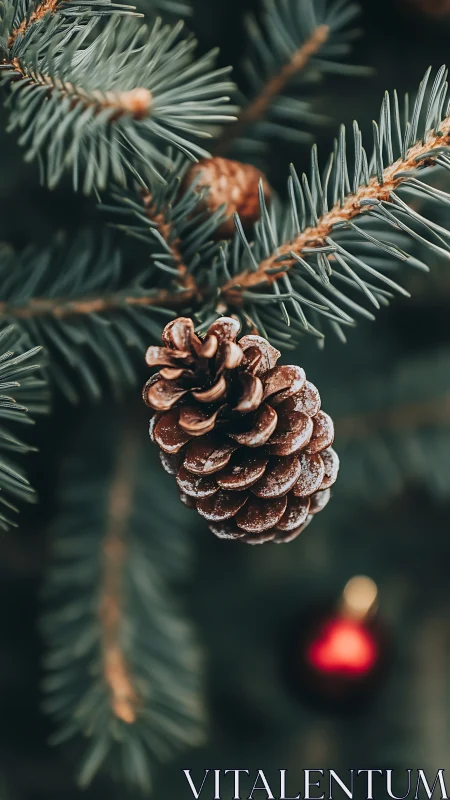 Snow-dusted pine cone on evergreen branch with soft bokeh.