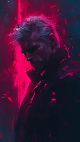 Neon backlit antihero rendered in cinematic cyber-noir lighting