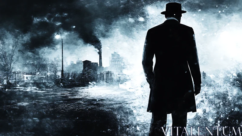 Silhouetted man overlooks smoky industrial city street