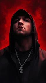 Digital painting portrait with hooded figure on red field.