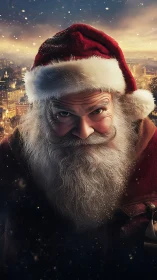 Close-up portrait of Santa in snowy city at dusk.