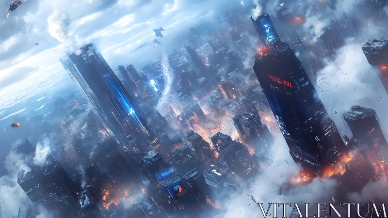 Futuristic high rise city under attack with fires and smoke.