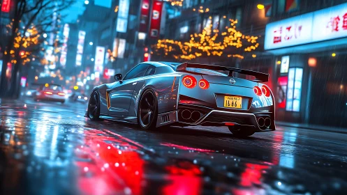 Silver sports car powers through neon city street rain