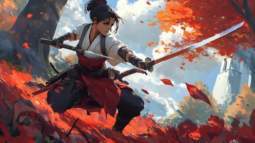 Focused samurai warrior poised amid swirling autumn leaves.