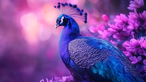 Vibrant peacock in dreamy purple floral garden, soft bokeh style.
