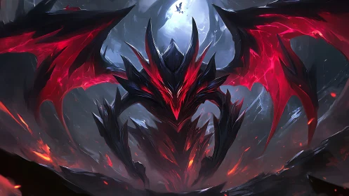 Volcanic void wyrm under lunar backlight, wings ablaze.