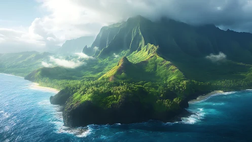Coastal Mountain Range with Vegetation and Ocean Waters.
