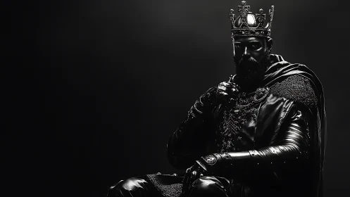 Dark monochrome portrait of armored bearded king in crown.