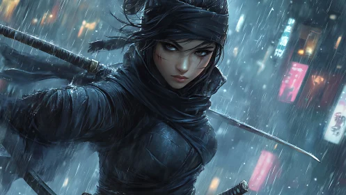 Steely-eyed ninja stalks neon city streets in the rain