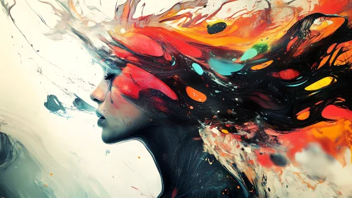 Surreal female portrait dissolving into vivid paint streams.