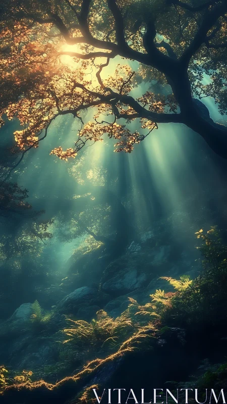 Sunlight shafts through dense forest canopy over mossy slope.