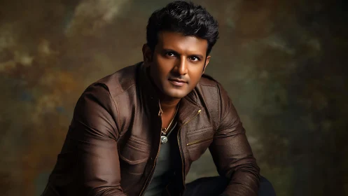 Confident man in brown leather jacket under studio lights.