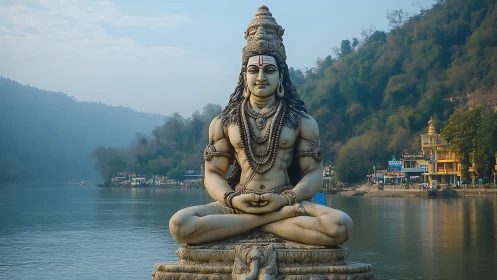 Majestic Shiva sculpture in meditative pose beside riverfront.
