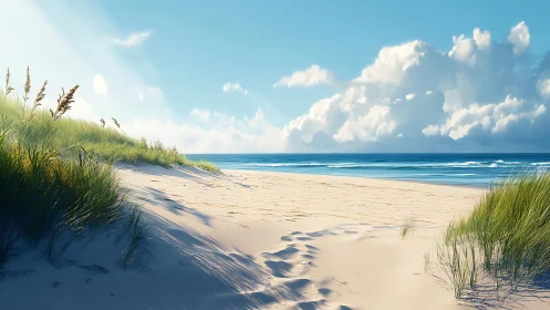 Sunlit dune pathway toward tranquil turquoise shoreline.