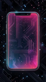 Neon smartphone interface with luminous circuit panels.