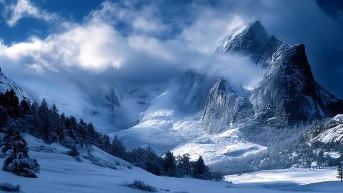 Photorealistic alpine massif in winter atmospheric perspective.