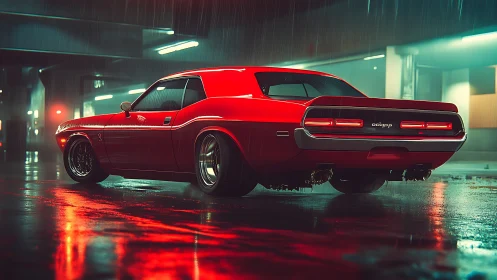 Neon drenched muscle car under cinematic urban rainfall.