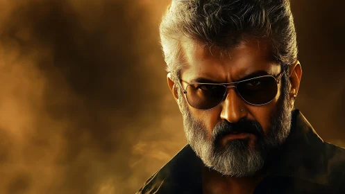 Intense bearded man portrait against golden smoky backdrop.