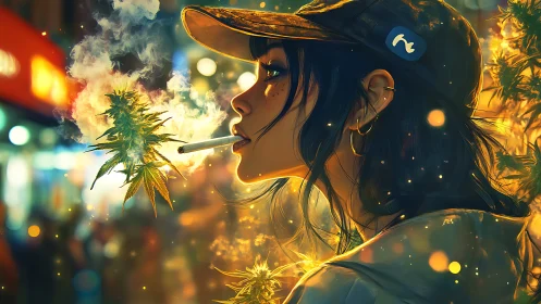 Young woman smoking in neon city with glowing cannabis.