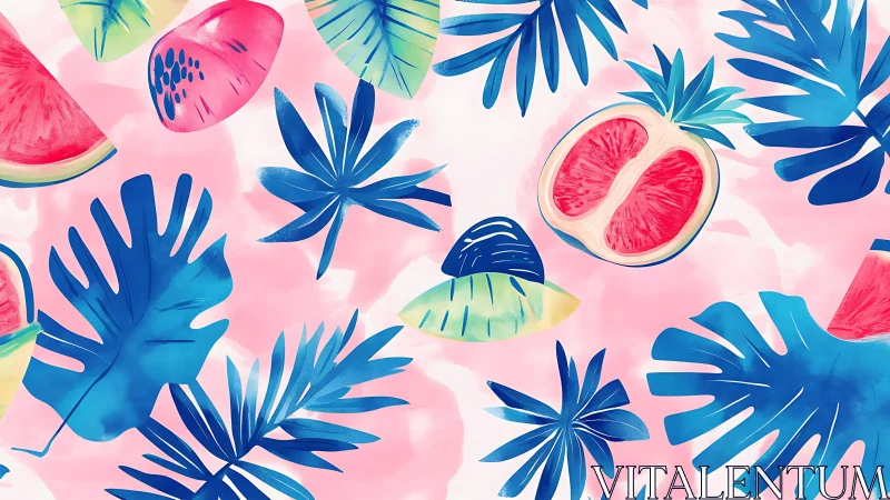 Watercolor tropical foliage and citrus pattern on pastel ground.