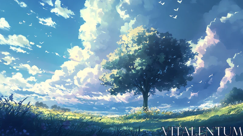 Solitary meadow tree dreaming beneath an ocean of wandering clouds.