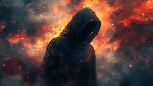 Hooded void figure amid apocalyptic cosmic firestorm.