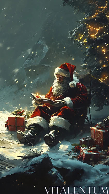 Santa Claus reading by snowy tree with Christmas gifts.