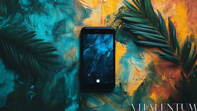 Smartphone on abstract teal and yellow painted background.